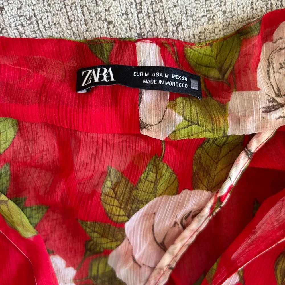 NWOT ZARA FLORAL DRESS w/ RUFFLES RED Bow Tie Open Back Woman M
